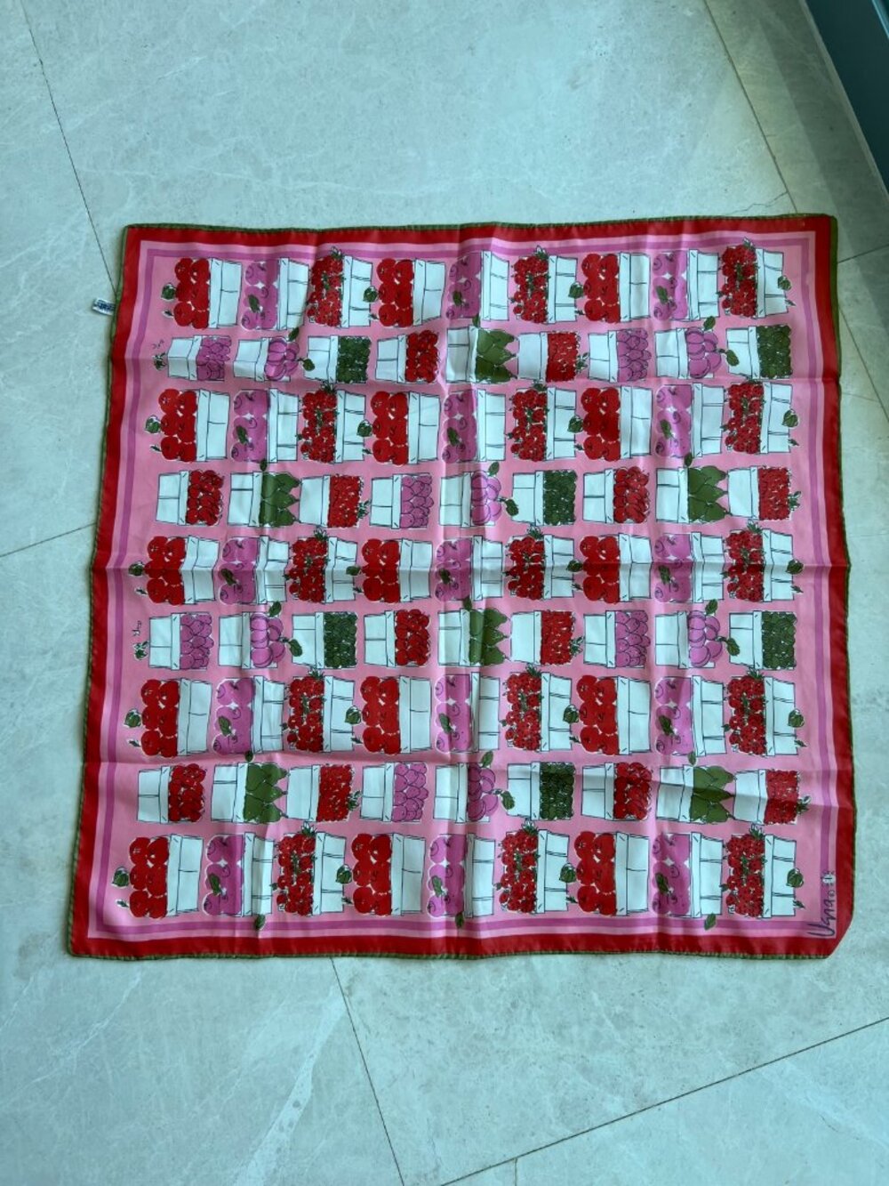 Vera Pink Fruit Basket Print Silk Scarf Square Hand Rolled
